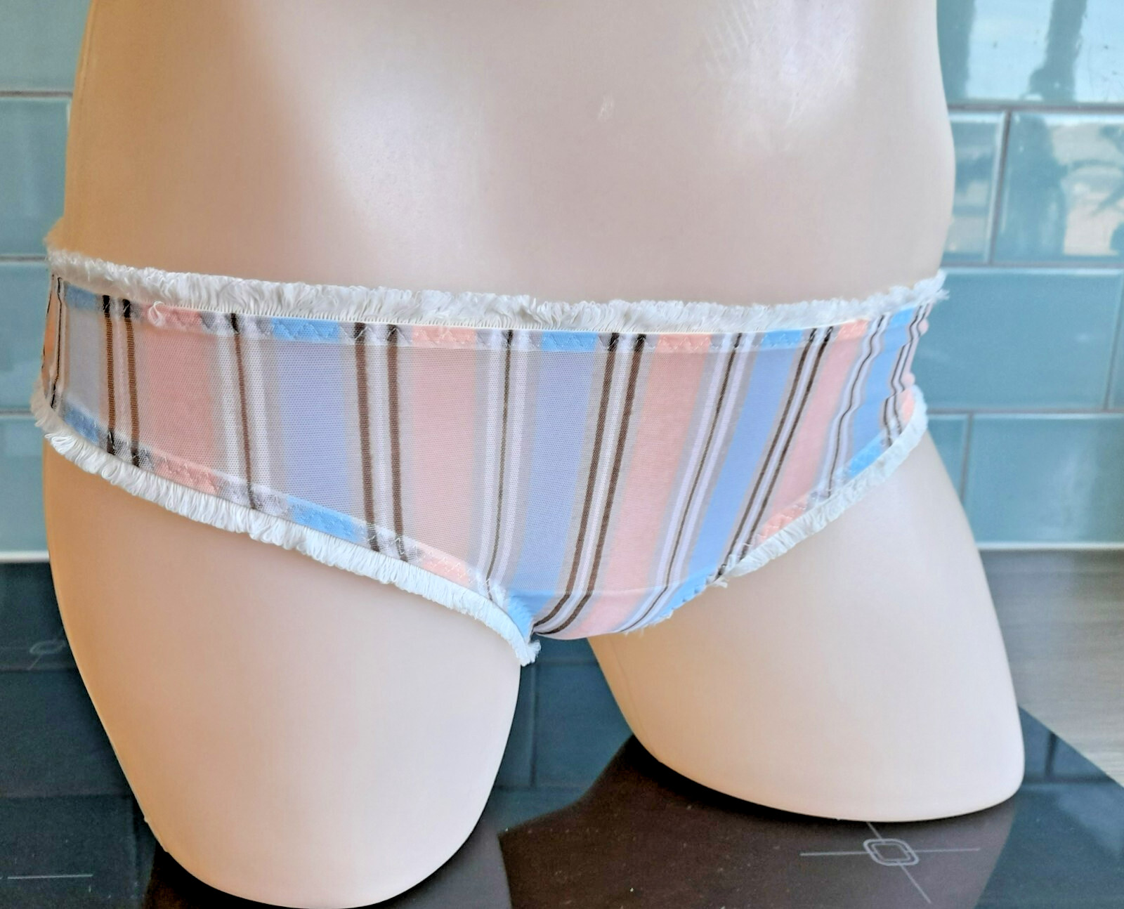 Sielei Sheer Striped Mesh/Lace Panels Blue/Brown/Peach/Ivory Thong Fringe Trim S