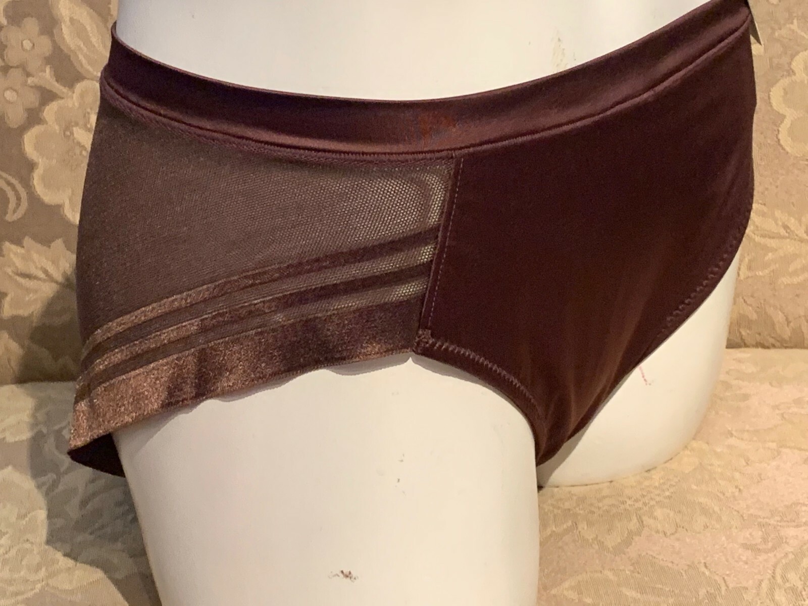 AMBRIELLE CHICKORY BROWN SATIN FRONT SHEER MESH BACK HICUT BRIEF PANTIES L 7