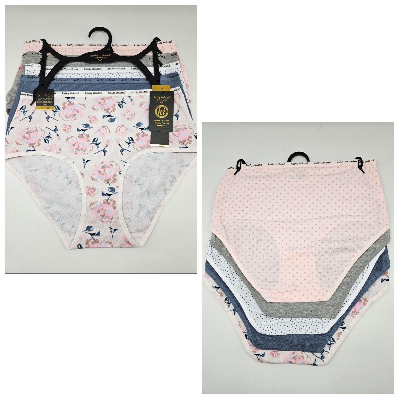 KATHY IRELAND 5 Pack Womens Plus 1XL 2XL Panties Pink Navy Gray White Prints
