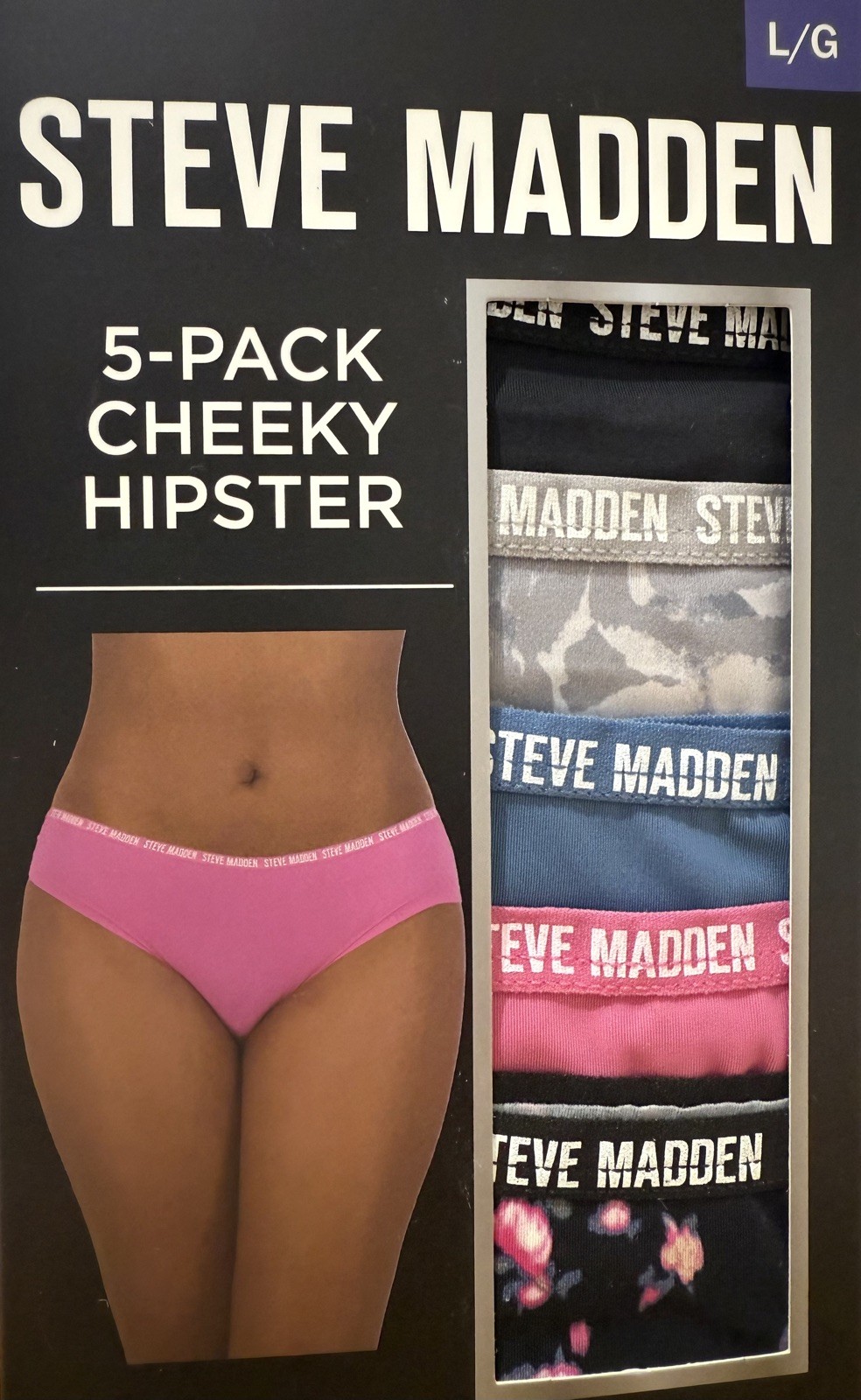 Steve Madden 5 Pack Cheeky Hipster Briefs – Pink / Black / Grey / Blue – Large