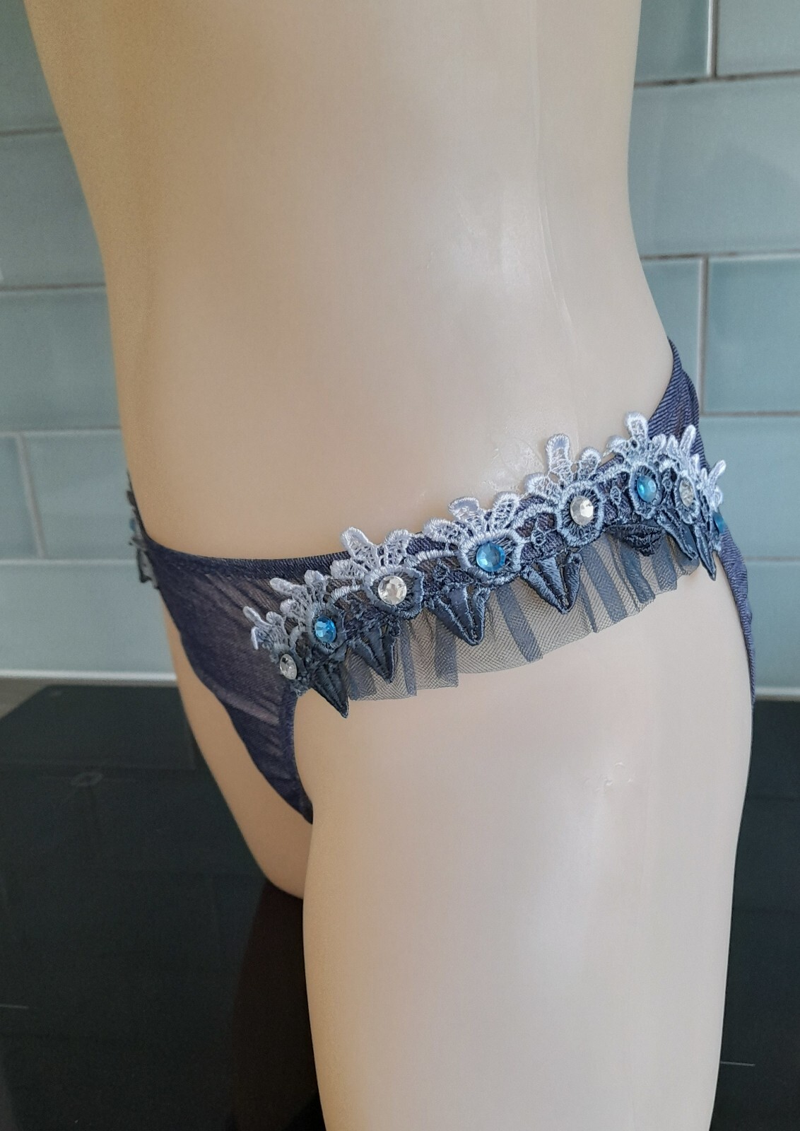 Janet Reger London Sheer Blue Denim Mesh Hipster Brief Lace/Jewels/Ruffles