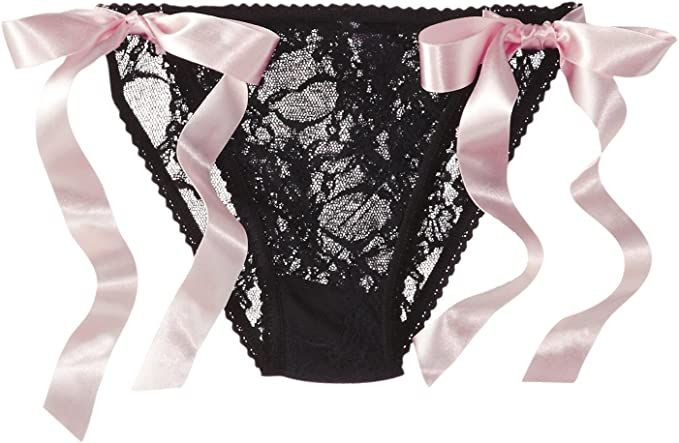Fantasy Lingerie Women’s Satin Side Tie Lace Panty, Black/Pink, One/Queen Size