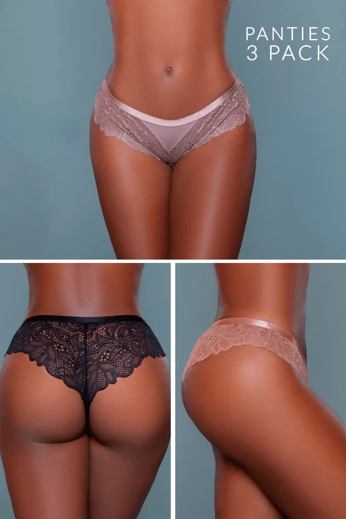 Lace Cheeky Panties Womens Medium 3 Pack Low Rise Trim Black Brown Bronze 2212