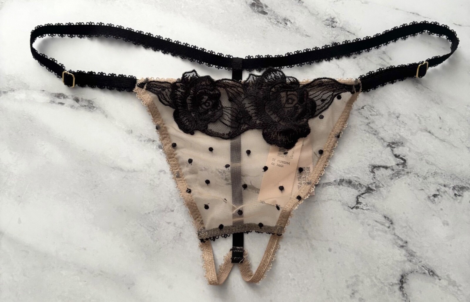 Victoria’s Secret Thong Panty Very Sexy Praline Mesh w/ Black Dot Open L