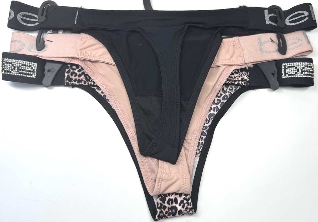 BEBE Women’s 3-Pack LOGO SHINY Strap Thong Panty Black Pink Animal Nylon Size L