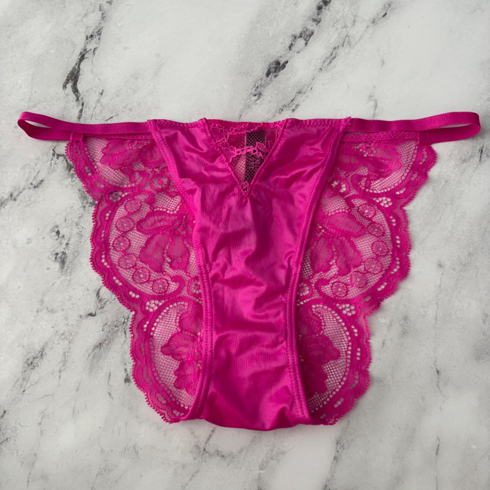 Victoria’s Secret String Cheeky Panty Fuchsia Frenzy Stretch Front Lace S L XL