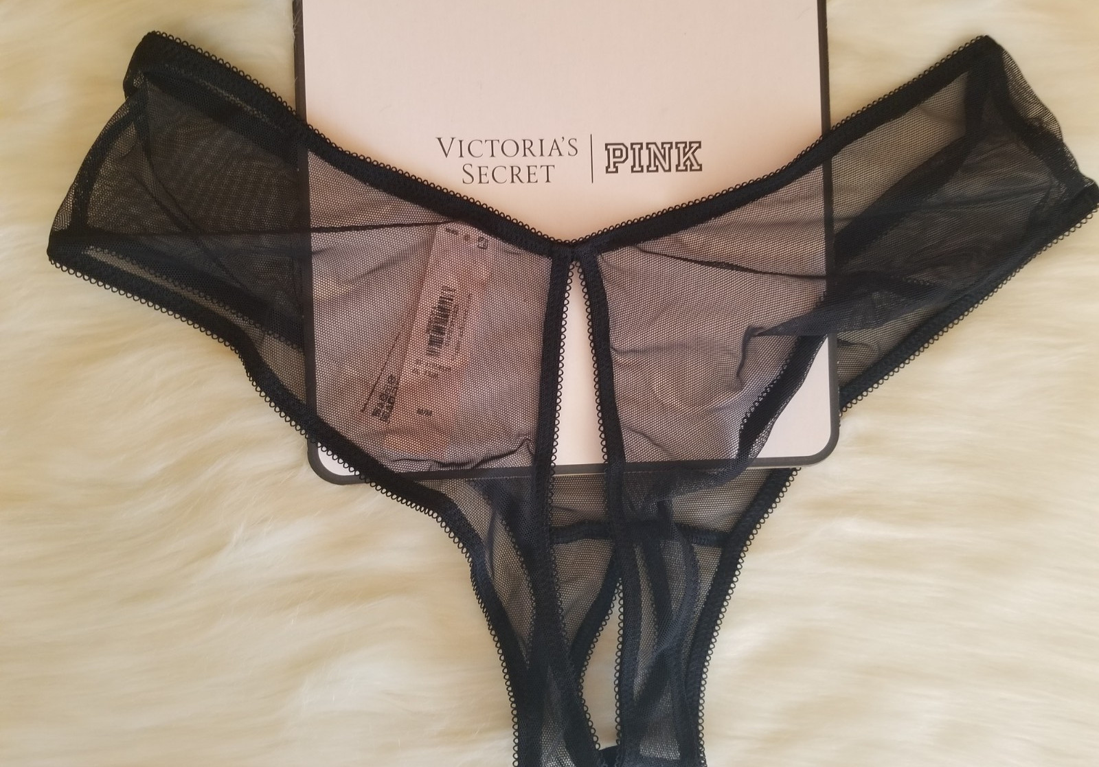 VICTORIA’S SECRET MESH HIGH LEG OPEN CHEEKY PANTY MEDIUM BLACK STRAWBERRY NWT