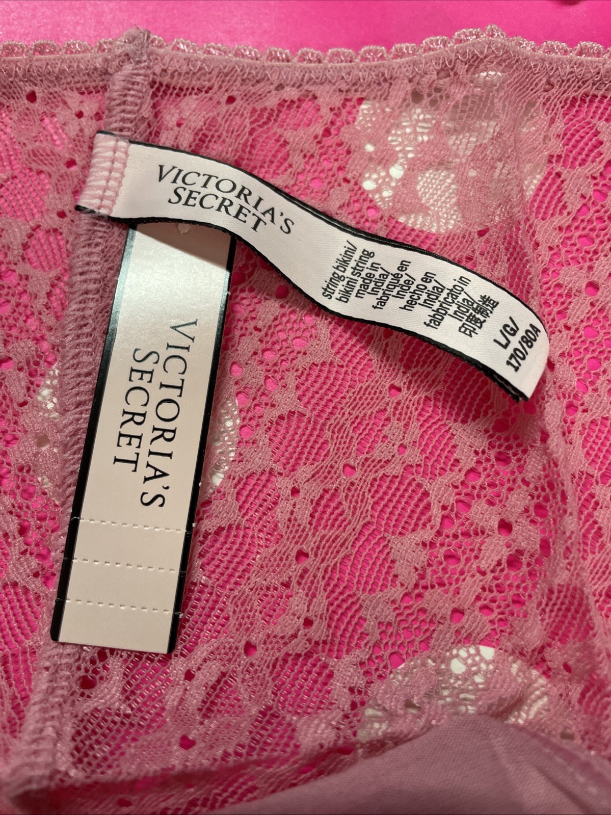 2017 Victoria Secret Sheer Lace Back String Bikini L Panties Mauve Cotton Front