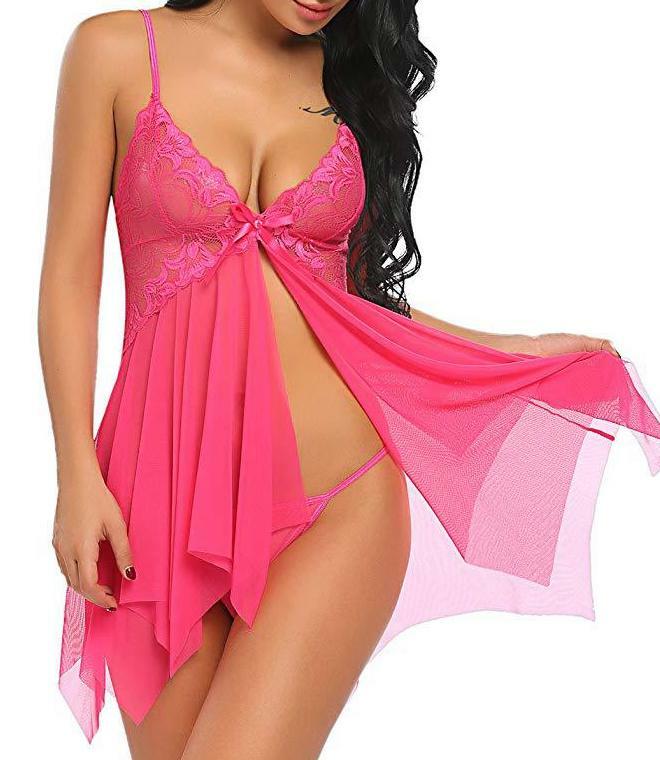 Lace Nightdress Lingerie MINI Dress&G-String 2 Pcs Set Sleepwear Babydoll hos029