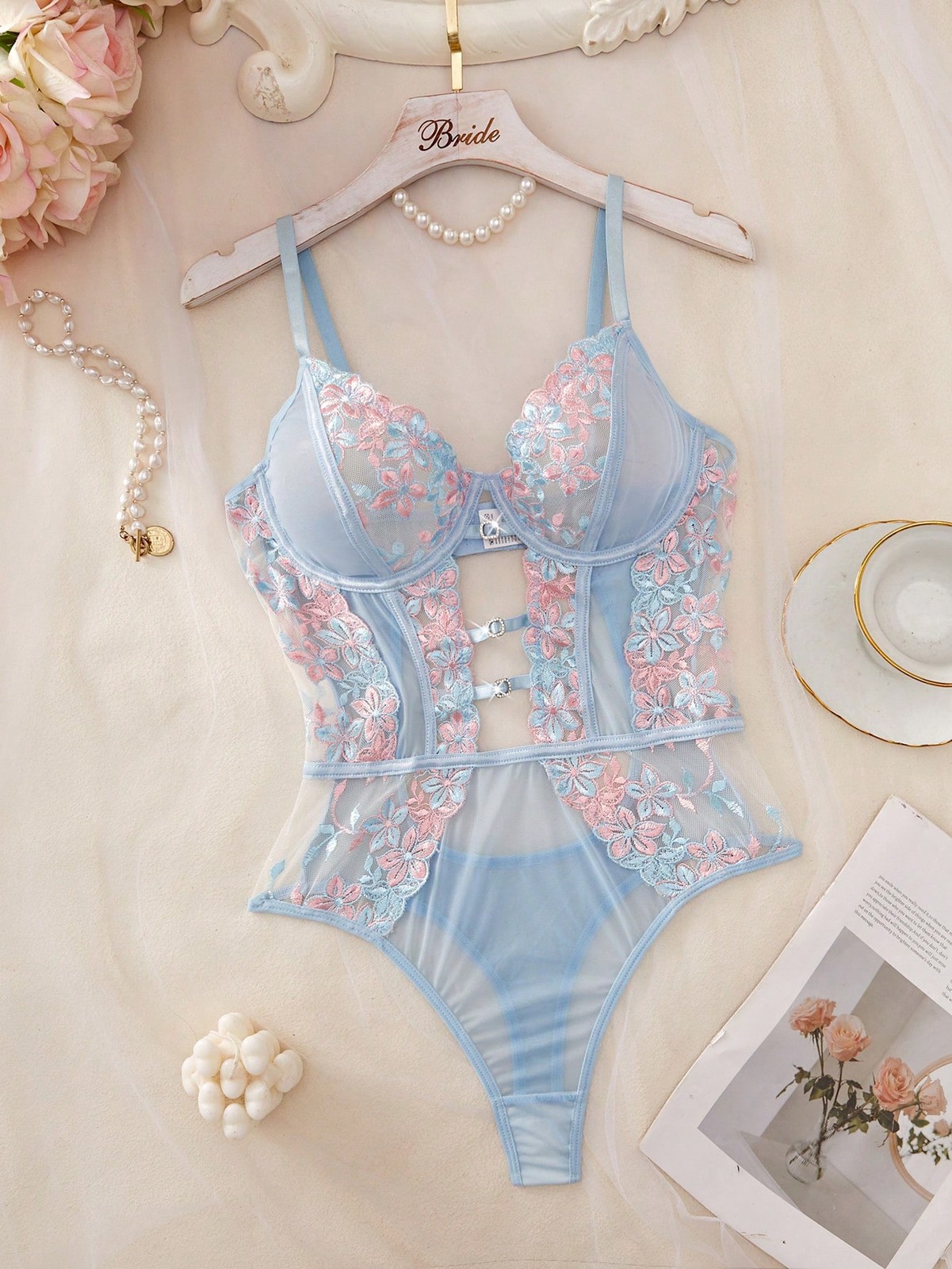 Sexy ladies lingerie jumpsuit with floral embroidery and mesh cheap 24