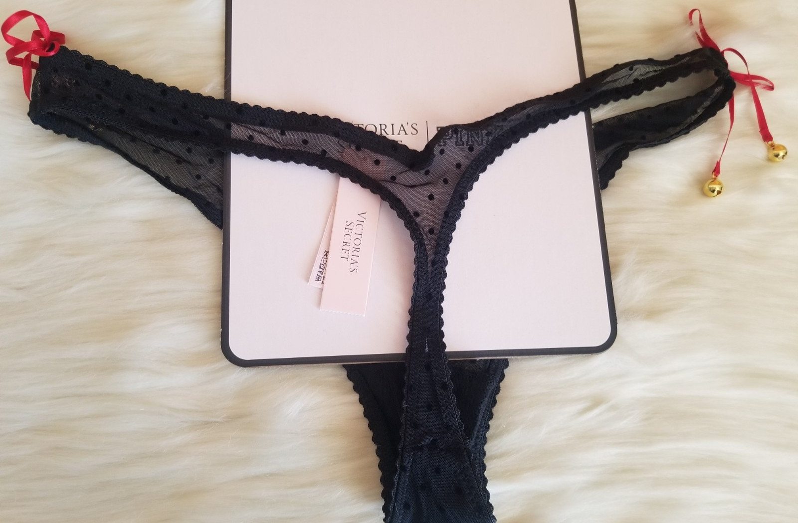 VICTORIA’S SECRET JINGLE BELLS MESH HIGH CUT LEG THONG PANTY LARGE BLACK NWT