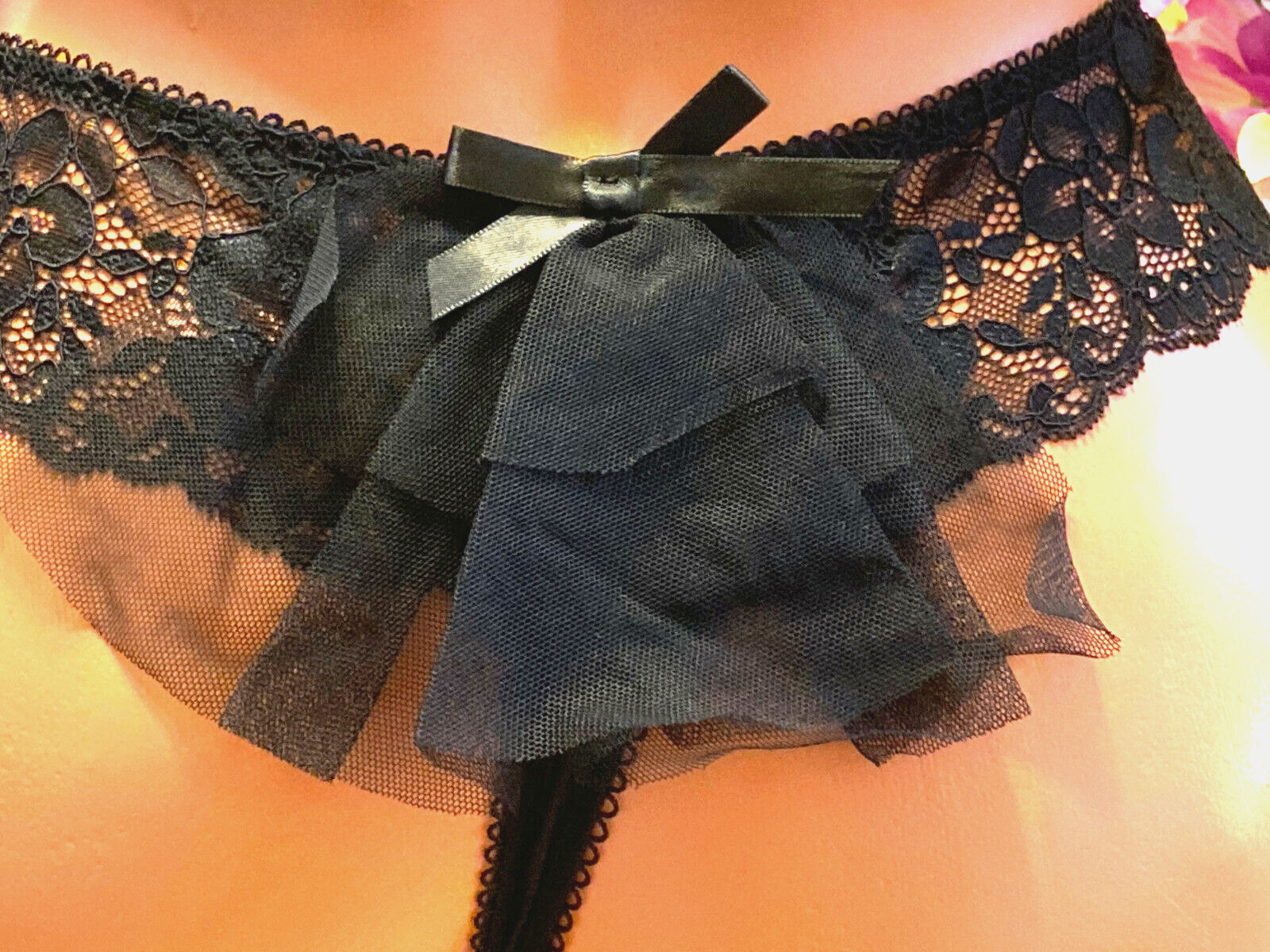 SAKI SILVER Large Sheer Black Wedding Bridal Lace Thong Panty Veil Back NWT B