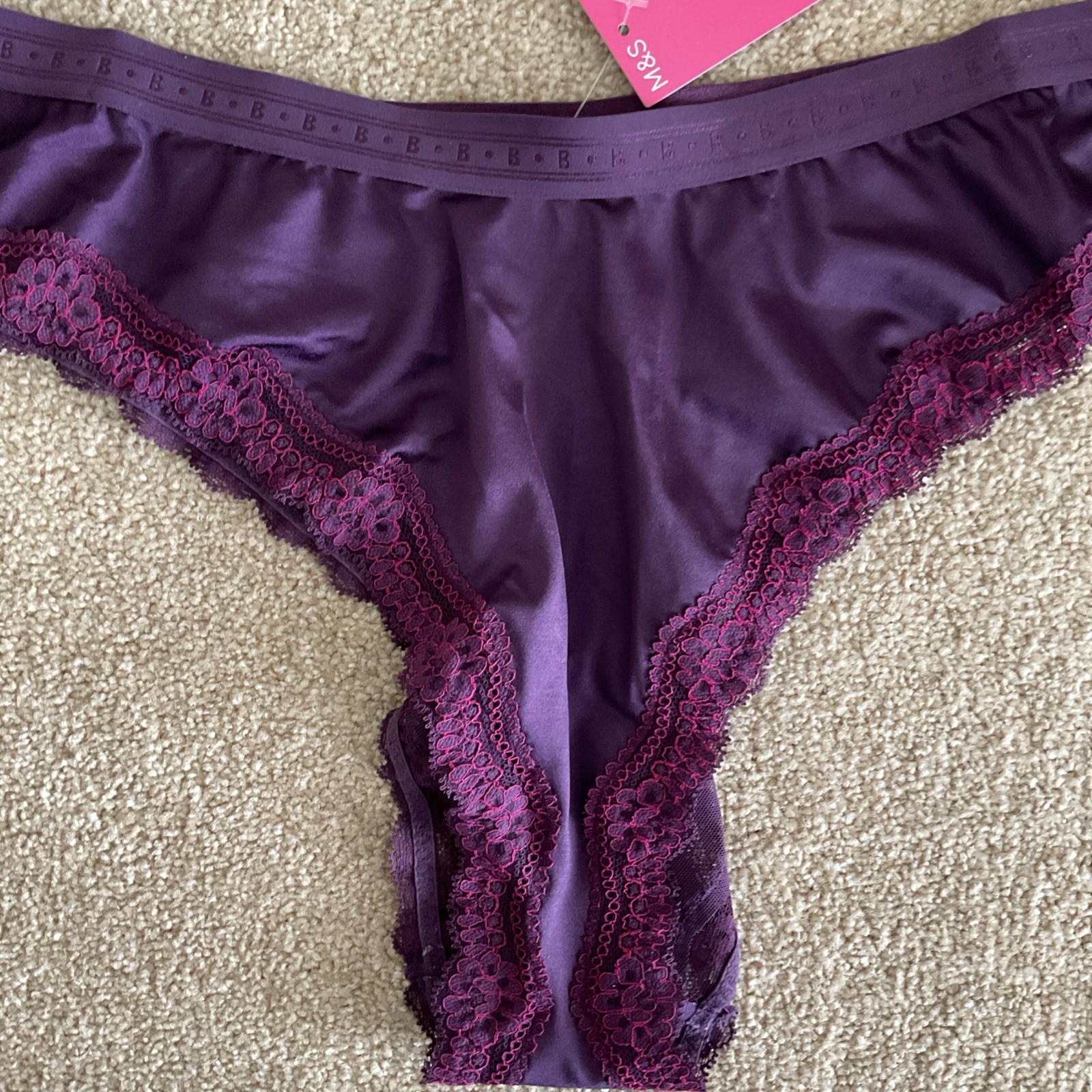 M&S LARGE 16-18 Boutique Satin Miami Brazilian Knickers BlackBerry Mesh Rear L