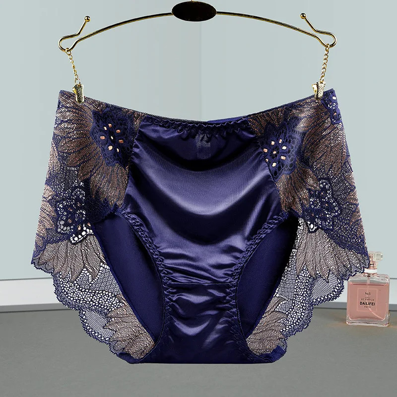 Floral Embroidery Briefs Mid Rise Satin Feel Breathable Panties Women Soft