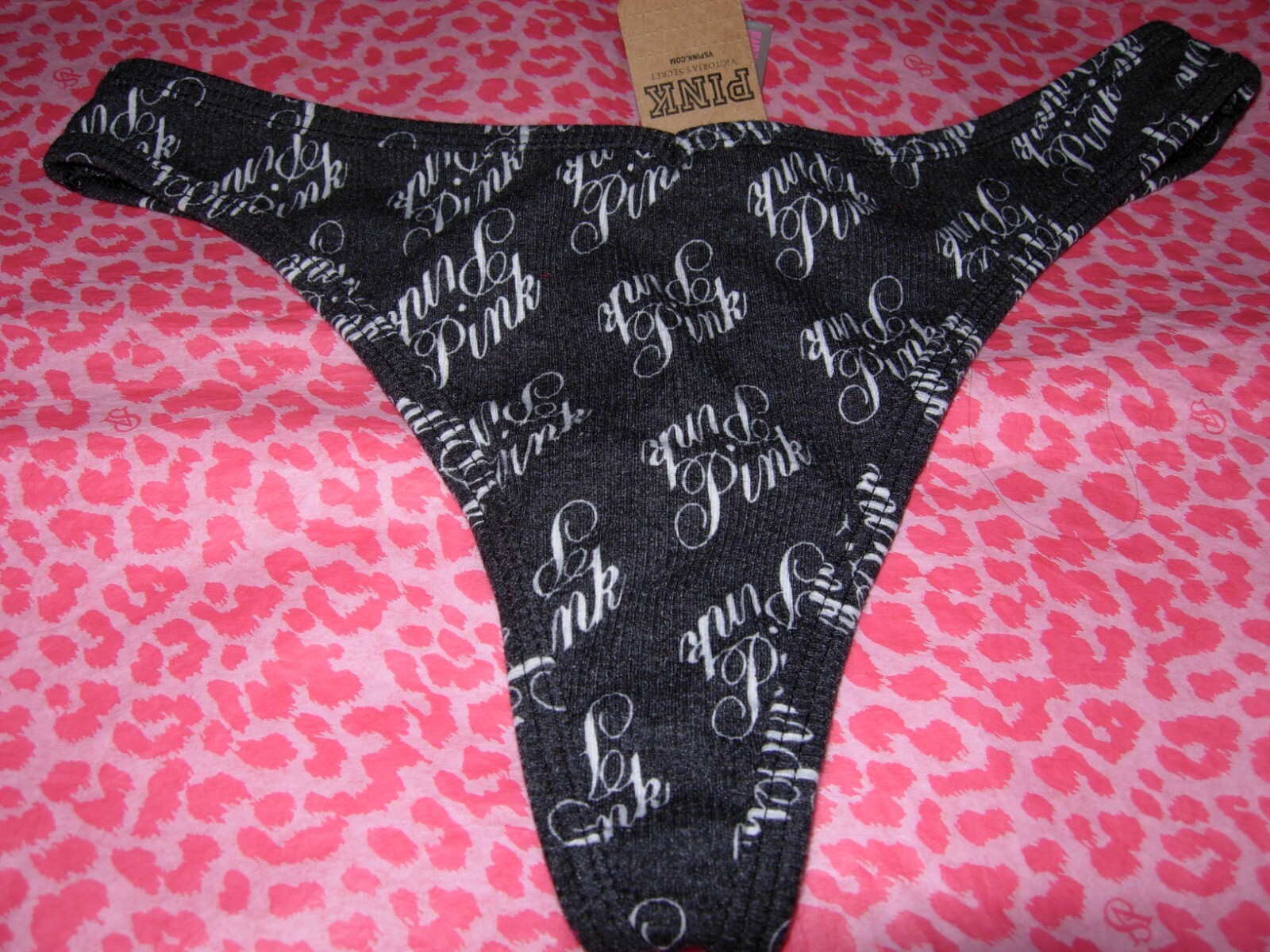 Victoria’s Secret PINK Thong String V-Cut Rib Pure Black Script NWT