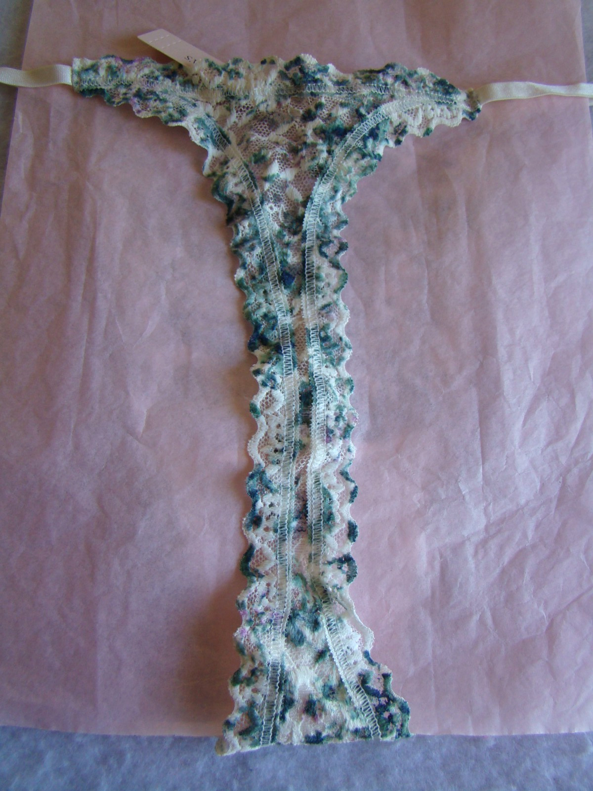 New Victoria’s Secret Off White Green Purple Floral Lace Strappy Thong Panty