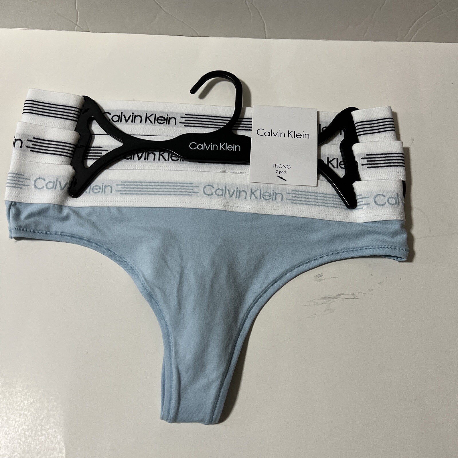 3 New Calvin Klein Mid RiseTHONG Panties Cotton Blend 3pk Black Gray Blue. New