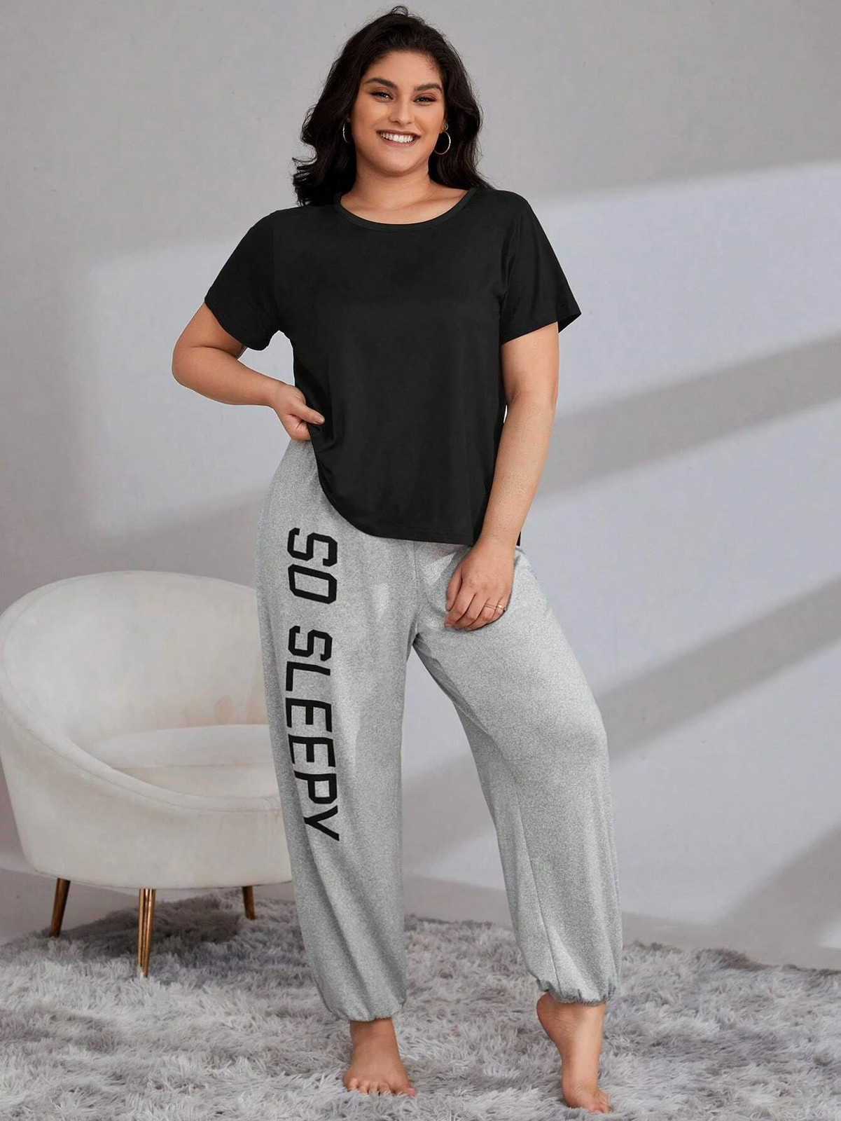 Comfy Plus Size T Shirt And Letters Graphic Pants Pyjama Set Cheap24