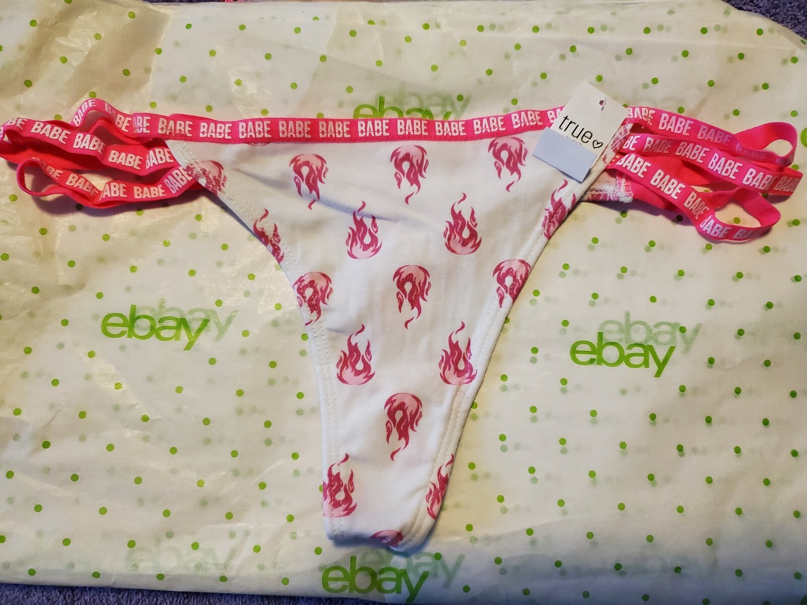 Rue 21 Women’s Thong Panties MEDIUM Strappy Sides Babe White With Pink Flames