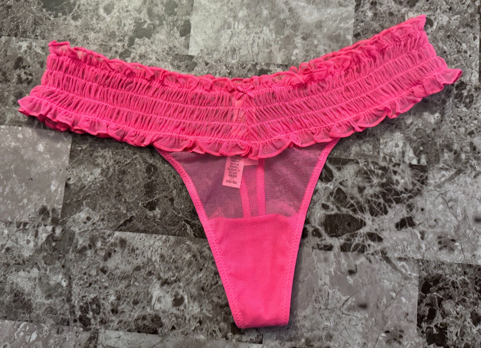 NWT VICTORIA’S SECRET PINK SHEER MESH RUFFLE SMOCKED BOW THONG PANTIES