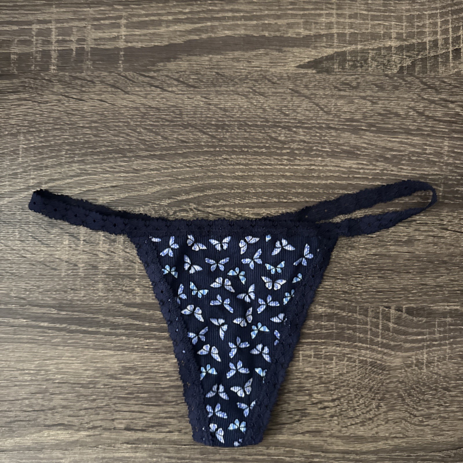 Pink By Victoria’s Secret Small Navy Blue Butterflies Lace Trim V String Panties