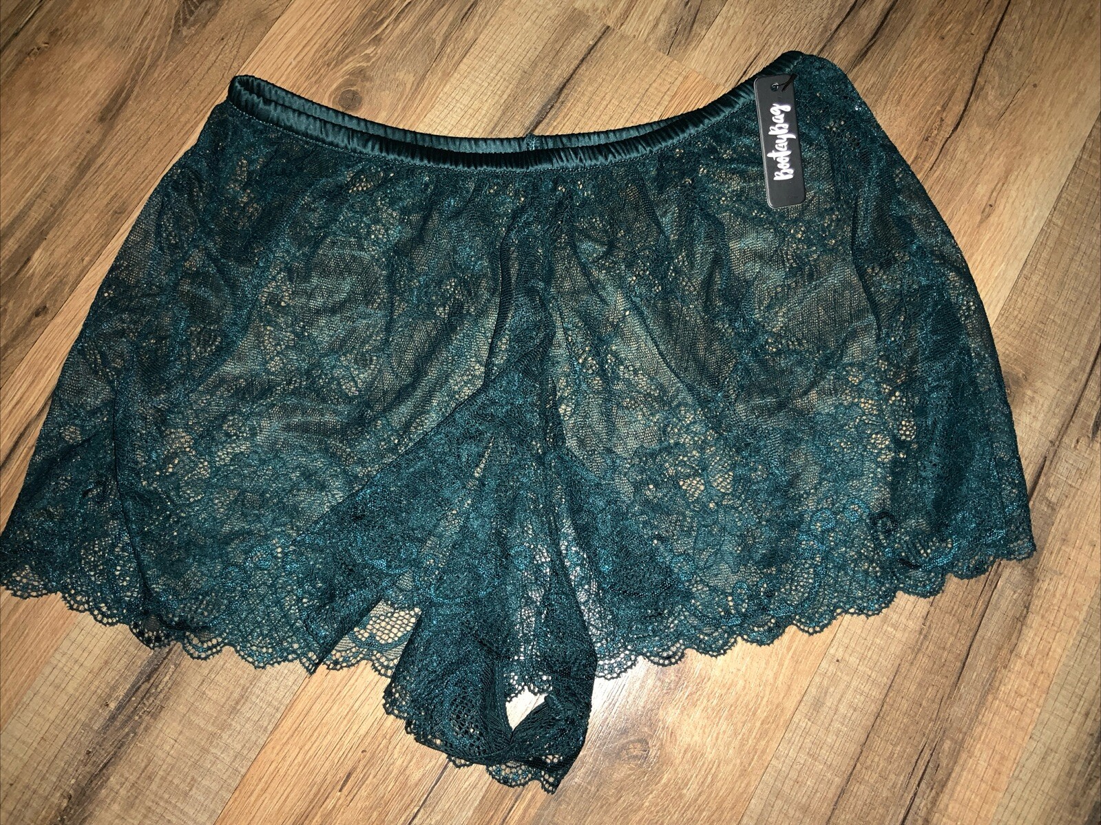 BootayBag Dark Peacock Green floral lace boyshort panty NWT $33 XS/S