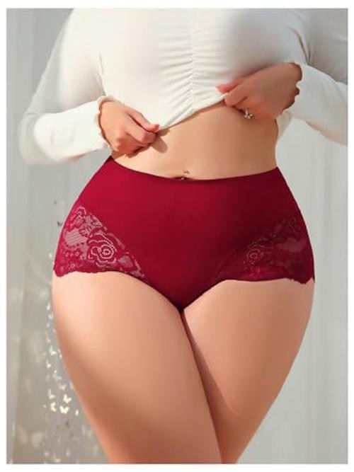 Women’s Plus Size Contrast Lace Boyshorts Mid Rise 3X-Large Plus Burgundy