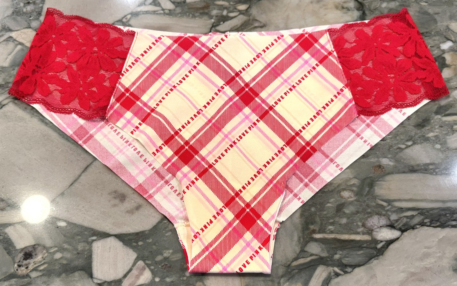 NEW Victoria Secret PINK No Show Cheeky – Lace Inset – Ivory & Red Plaid – XXL