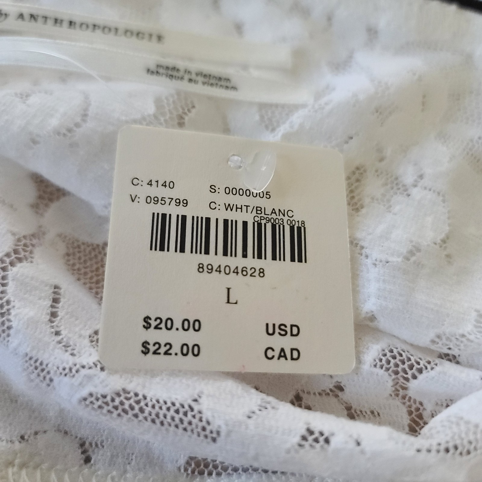 By Anthropologie Lace Hipster Briefs Panty Size L White Sexy Flirty NWT