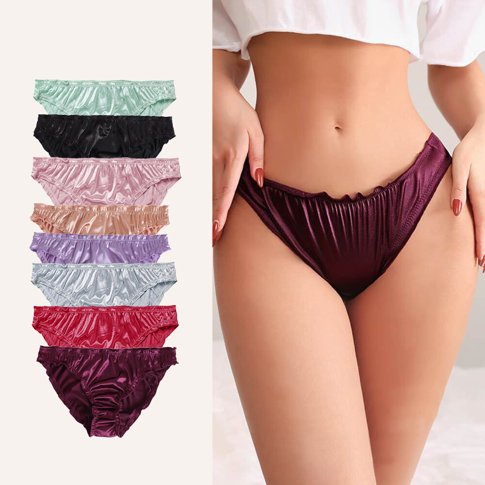 Women Silk Satin Panties Soft Mid Waist Briefs Underwear Cotton Crotch Lingerie