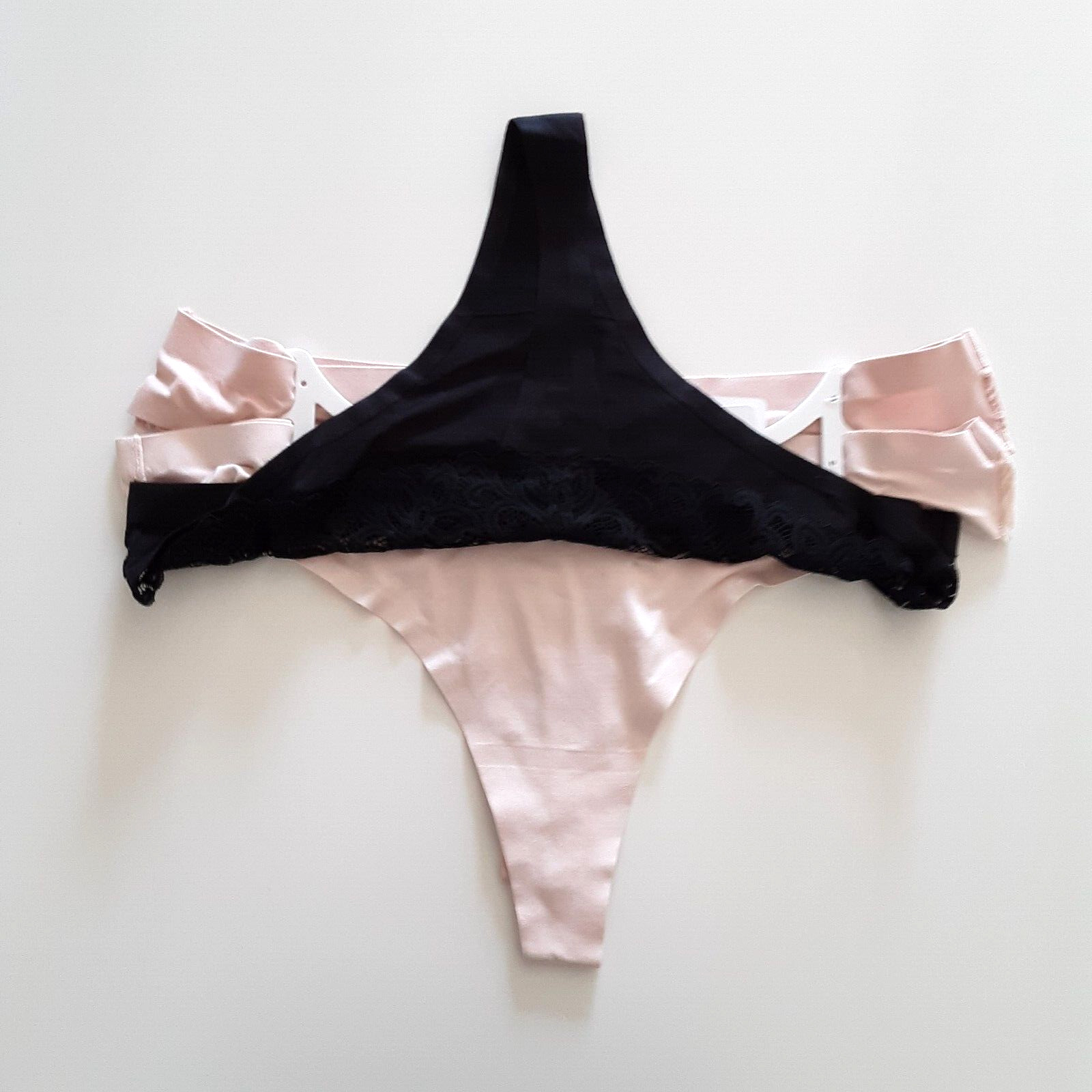 Tranquil & True Womens 2X Thongs Brushed Microfiber Lace Back Black Pink 3 Pack