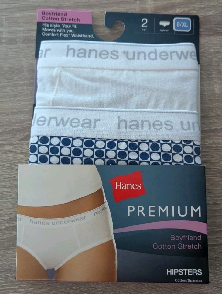 2 pack Hanes Premium Panties Boyfriend Cotton Stretch Hipster Style Size 8/XL