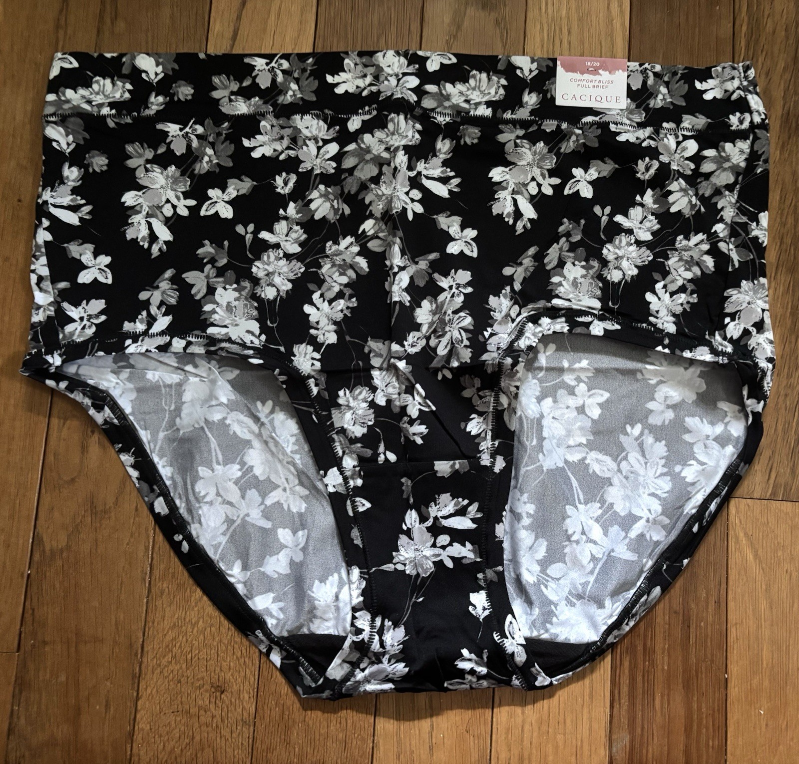 Plus Size 18/20 Lane Bryant Cacique Comfort Bliss Full Brief Black White Flower