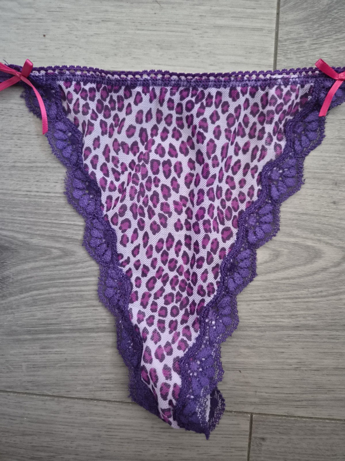 BNWOT Vintage Ann Summers Purple Leopard Print Lace Trim G String Thong Sz 10-14