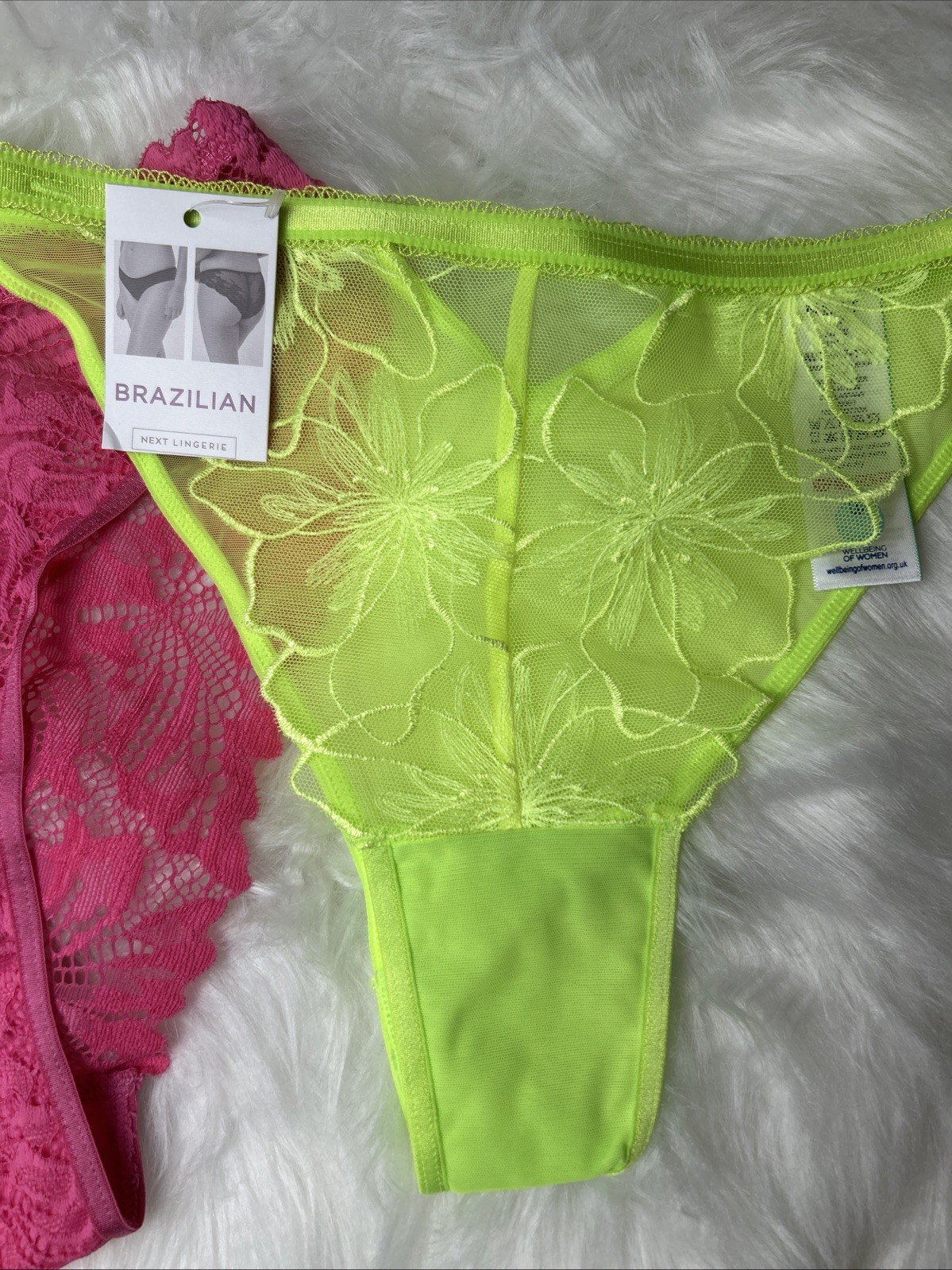NEXT SET – HIGH LEG LACE/ BRAZILIAN KNICKERS – 2 PCS – UK8 – GREEN/ PINK