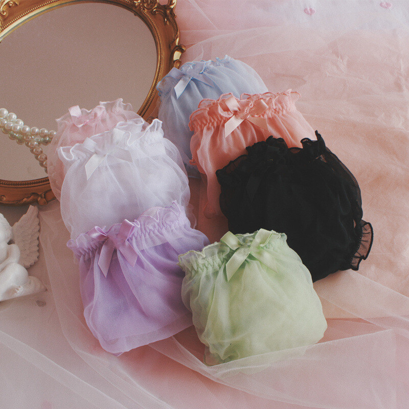 Ladies Chiffon Tulle Sheer Underwear Briefs Bow Pleated Frill Knickers Lolita