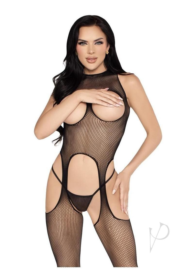 Womens Panty Black Circle Net Cupless Suspender Lingerie Jumpsuit