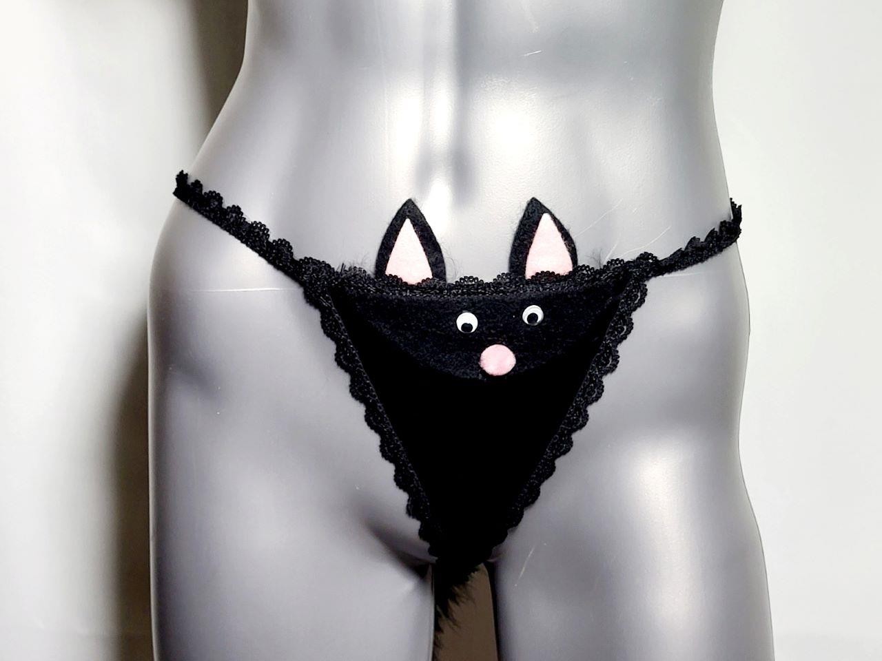 Kitty Cat Face One Size Thong Panties Black Faux Fur Tail Unbranded