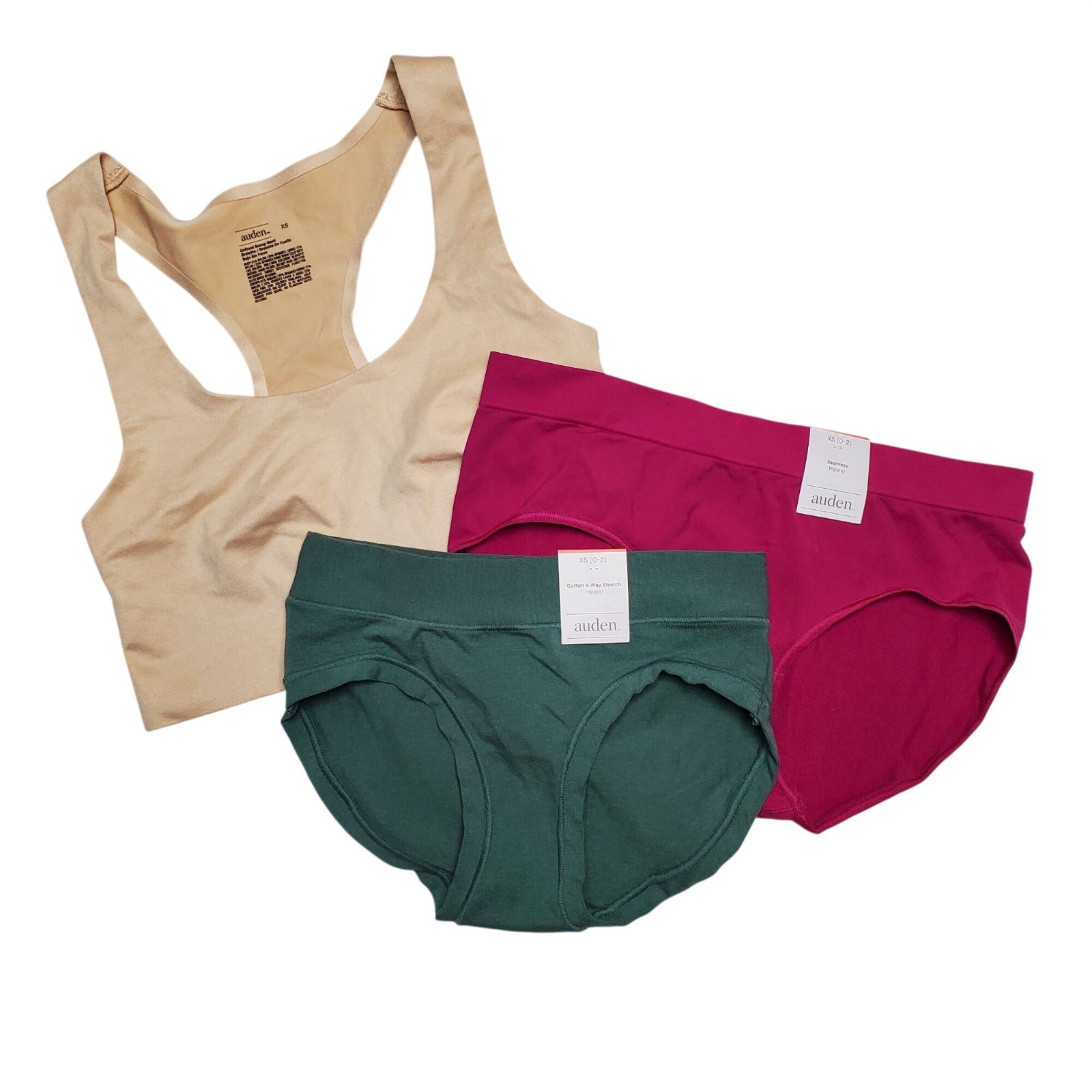 Auden Womens XS Bralette & 2 Hipster Underwear Bundle Green & Pink Comfortable S