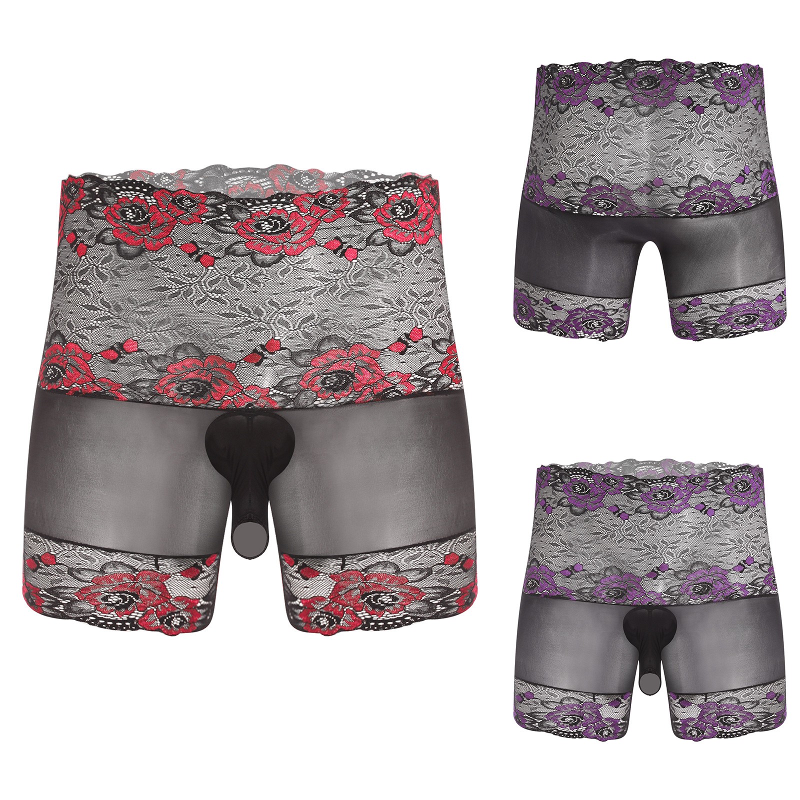 Mens Glossy Sheer Boxer Shorts or Sheath with Opening Floral Lace Trim Underwear