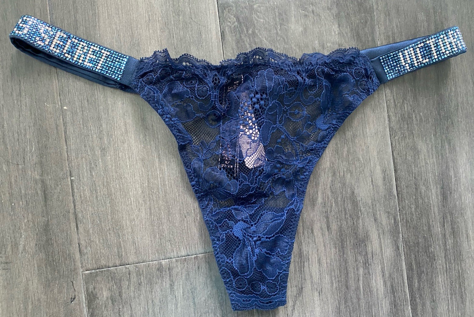 Victoria’s Secret Navy Blue Lace Rhinestone Logo Shine Strap Thong Panty Medium