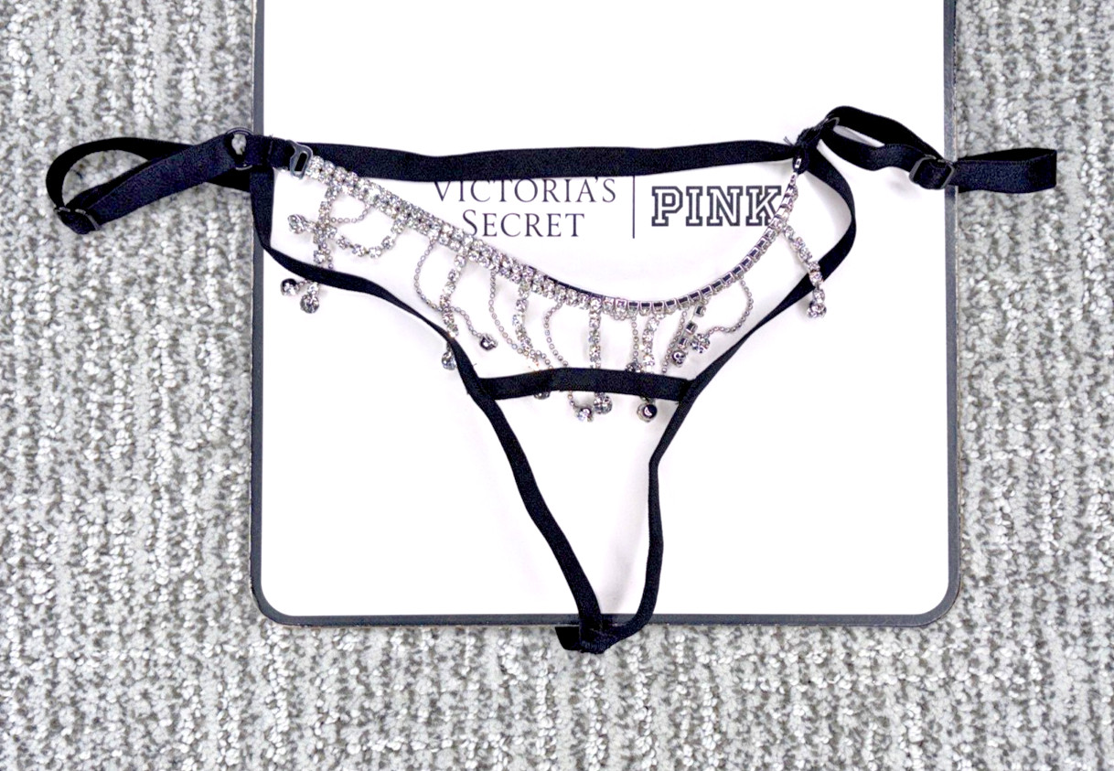 Victoria’s Secret NWT Large Black Sparkle Fringe Crotchles Adjust V String Panty