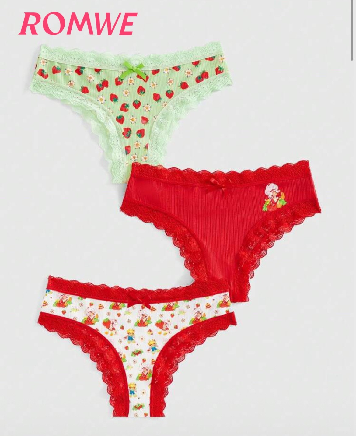 Strawberry Shortcake 3Pc Panty Set y2k Kawaii S, M, L Red Pink Lace Multicolor