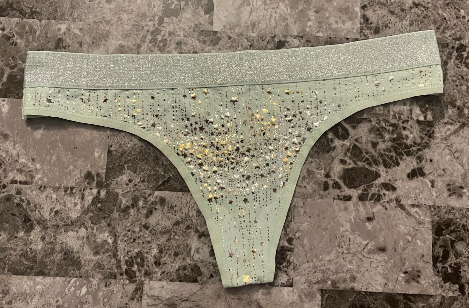 VICTORIA’S SECRET L GREEN GOLD SILVER STAR SHIMMER THICK BAND RARE THONG PANTIES
