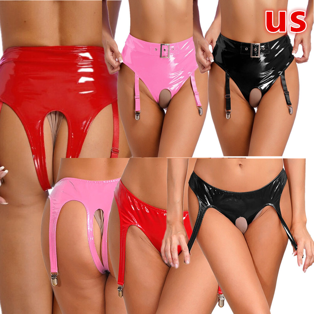 Women’s Crotchless High Waisted Dance Festival Hot Pants with Metal Garter Clips