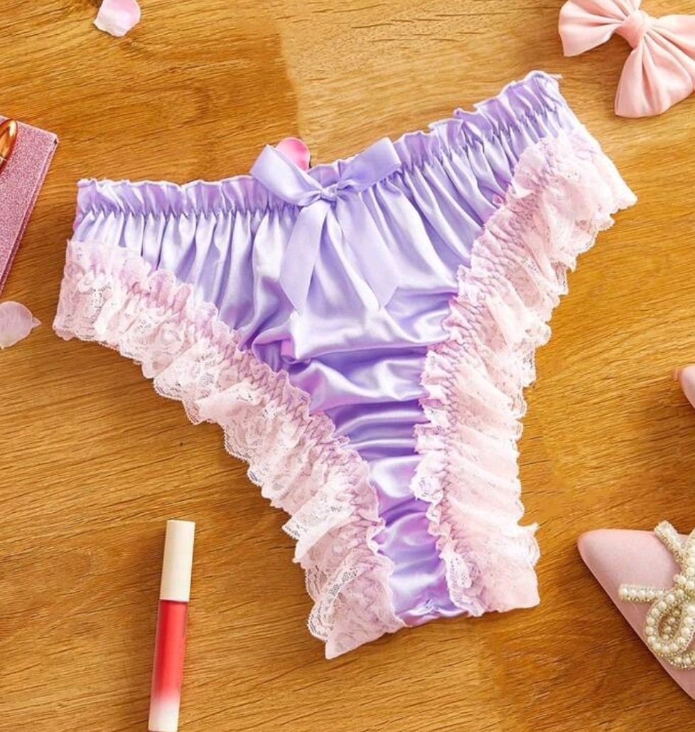 Lilac Silky Feel Satin Frilly Lace Ruched Bum Sissy Panties Knickers CD L 12-14