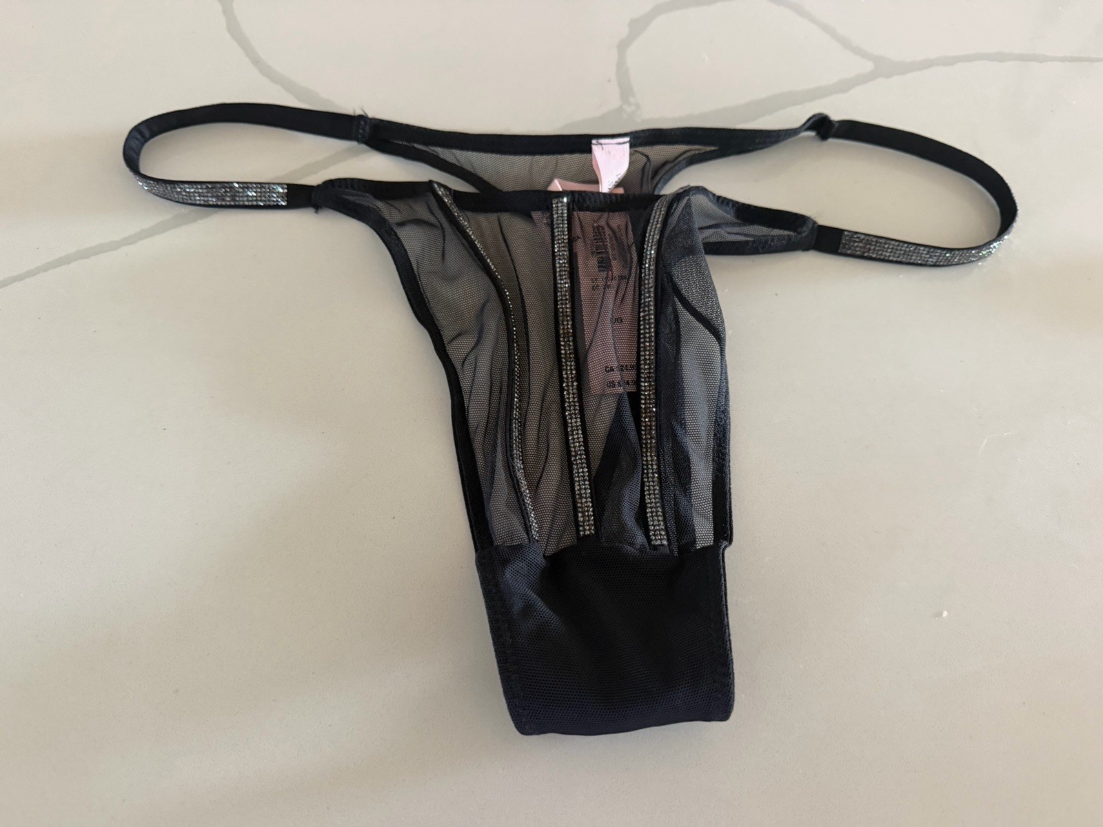 Victoria’s Secret VERY SEXY Thong Panty Bling Striped Black Mesh Large NWT