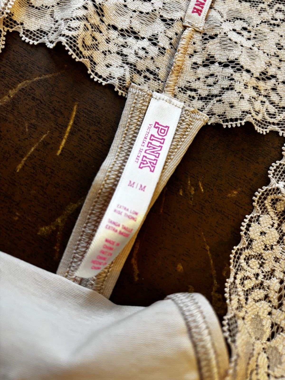 Victoria’s Secret Nude/Buff Extra Low Rise Lace Band Thong Medium NWT