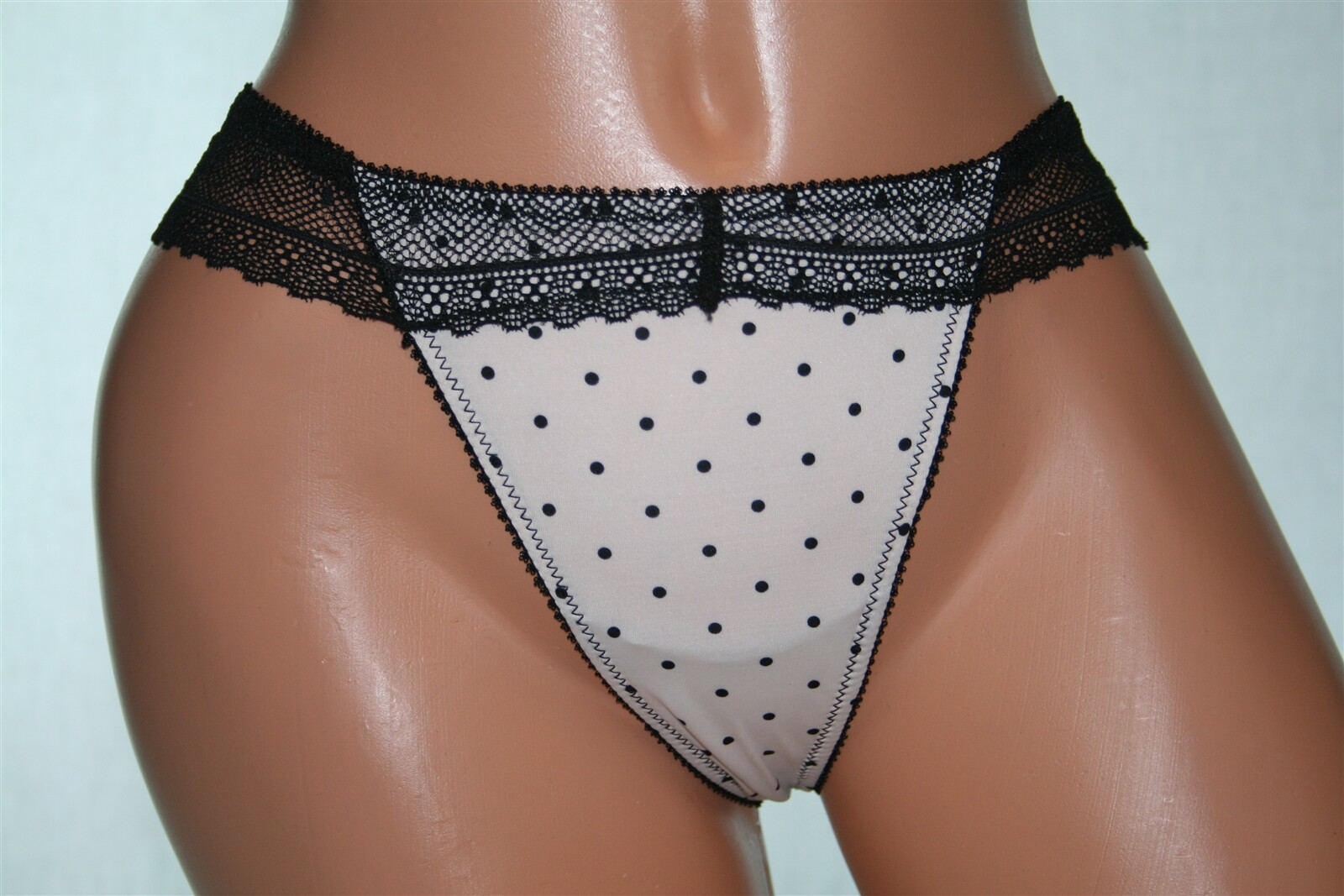 Beige Thong with Sheer Black Lace Waistband and Polka Dots all over Size S