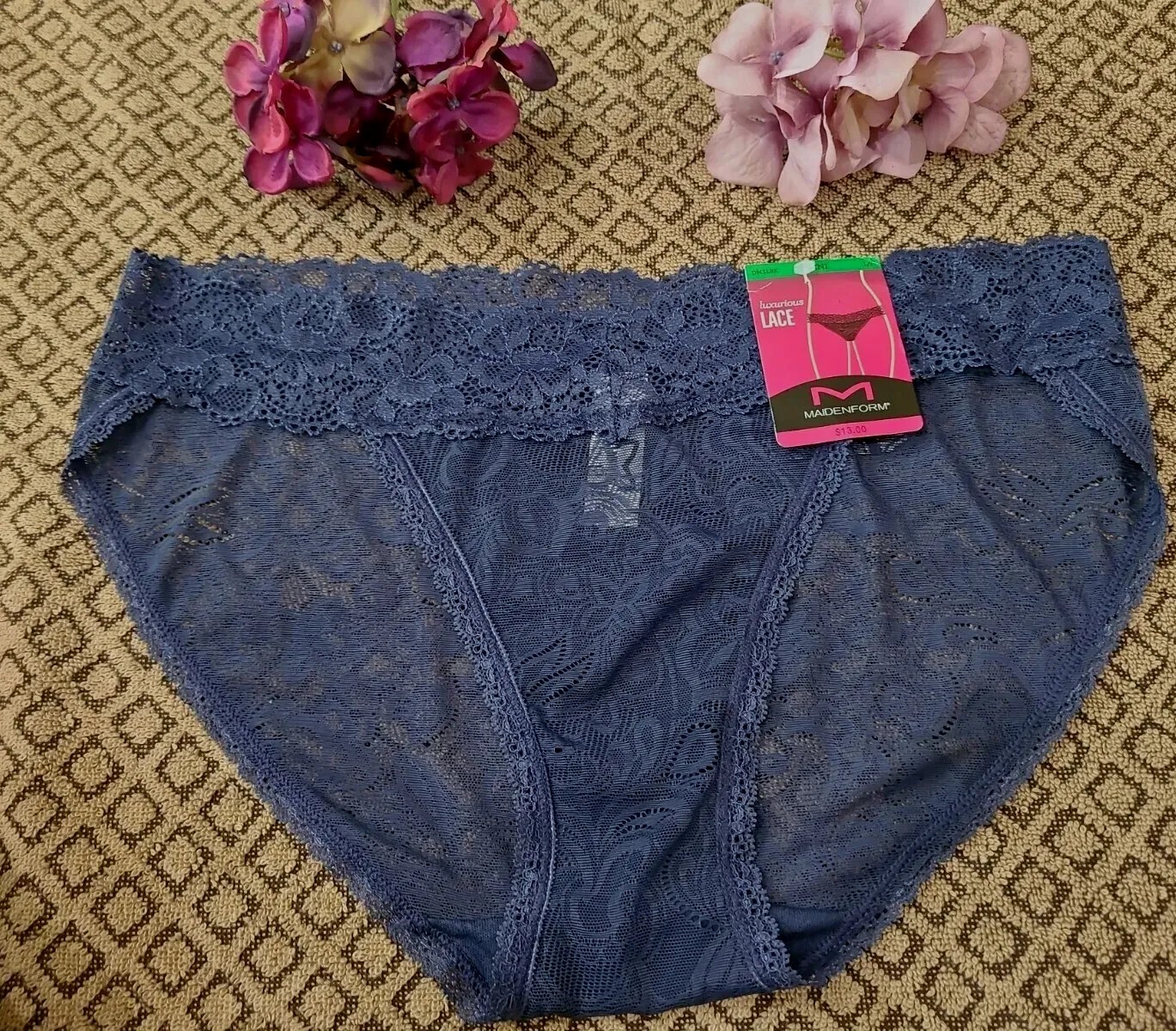 7/L MAIDENFORM Luxurious SeXy Slinky Stretch Lace Blue V Waist Bikini Panty NWT